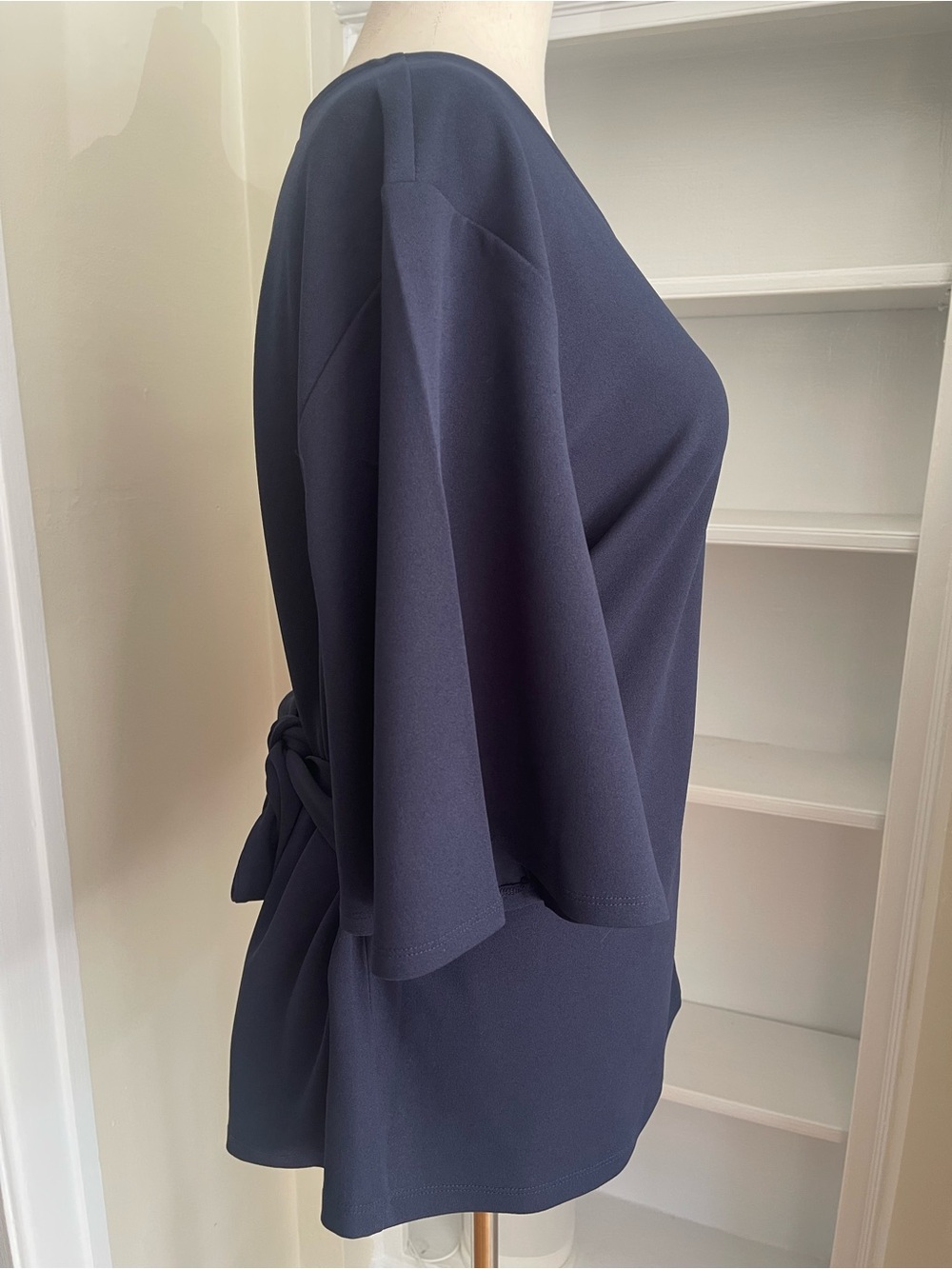 Ann Taylor L , Flattering Tie in Back, Fits Many Shapes, Deep Blue Blouse